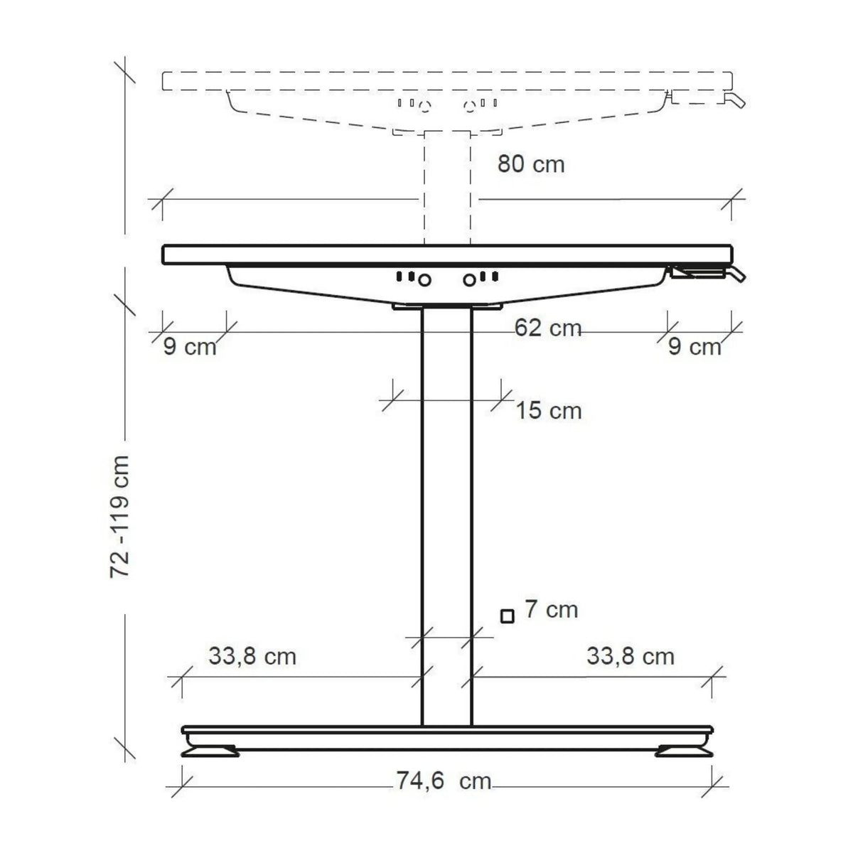 Disegno dimensionale della scrivania XMST 22 S con un'altezza di 72-119 cm e una larghezza del piede di 74,6 cm di hjh OFFICE PRO