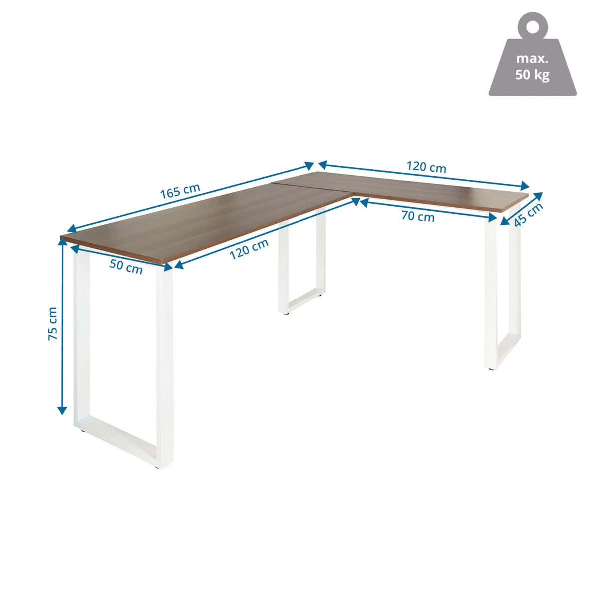 Maßzeichnung des Eckschreibtischs WORKSPACE BASIC I in Walnuss und Weiß mit 165 x 120 cm von hjh OFFICE