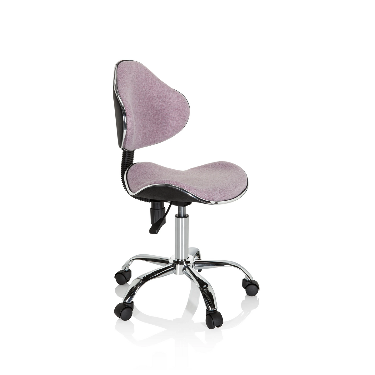 Rosa Kinderdrehstuhl KIDDY GTI-3 mit glänzendem Fußkreuz und fünf Rollen von hjh OFFICE – 360-Grad-Ansicht (schräge Frontansicht 60°)