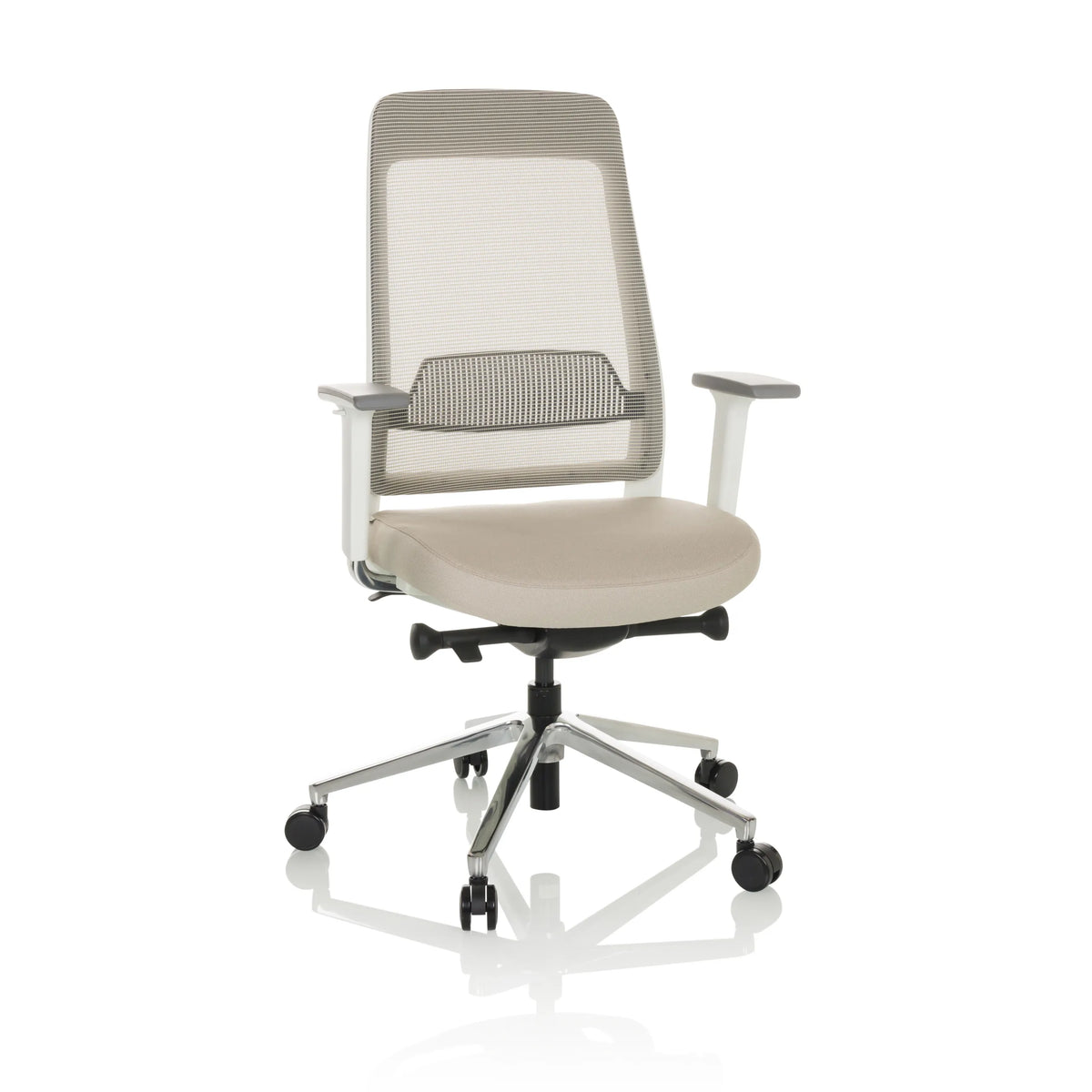 Sedia da ufficio professionale CHIARO T2 WHITE beige con schienale in rete e base argento a cinque ruote di hjh OFFICE – vista a 360° (vista frontale 15°)