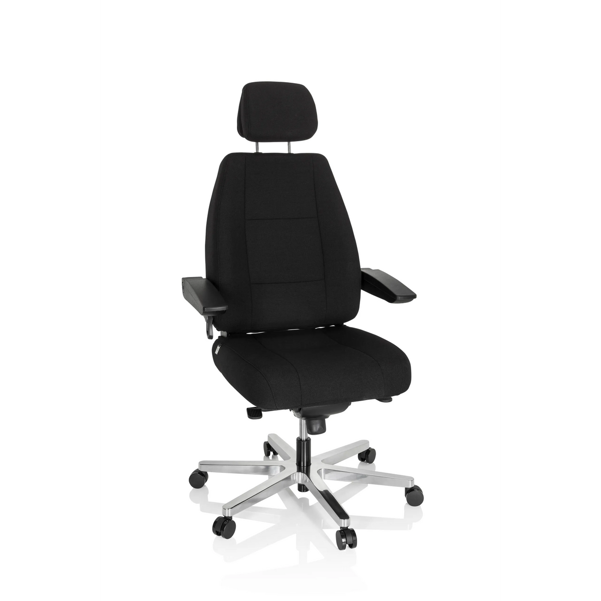 Sedia girevole XXL 24 HOURS I nera con poggiatesta e base a cinque ruote di hjh OFFICE – vista a 360° (vista frontale 20°)