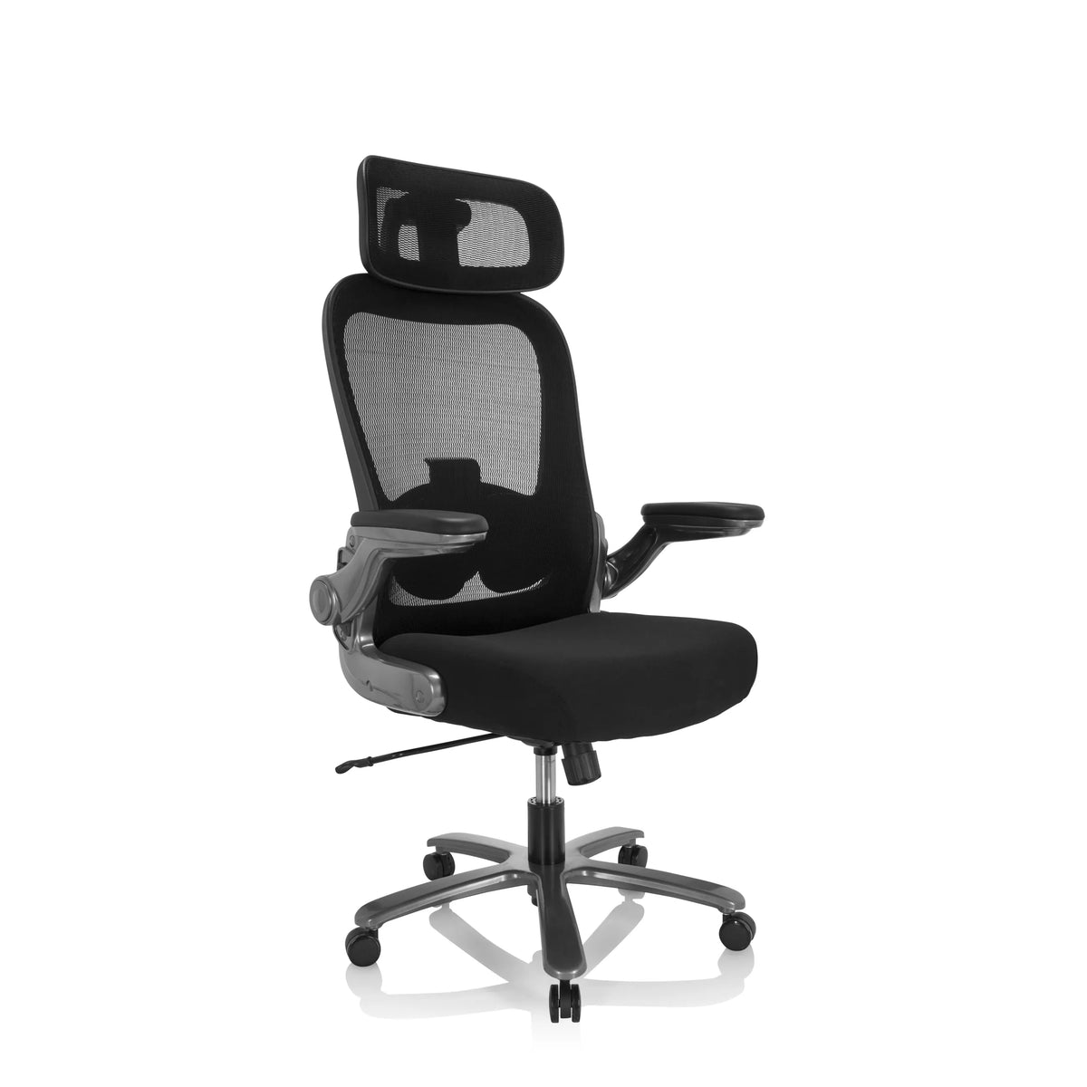 Sedia girevole XXL INSTRUCTOR T I PRO nera con schienale in rete e base a cinque ruote di hjh OFFICE – vista a 360° (vista frontale a tre quarti 40°)