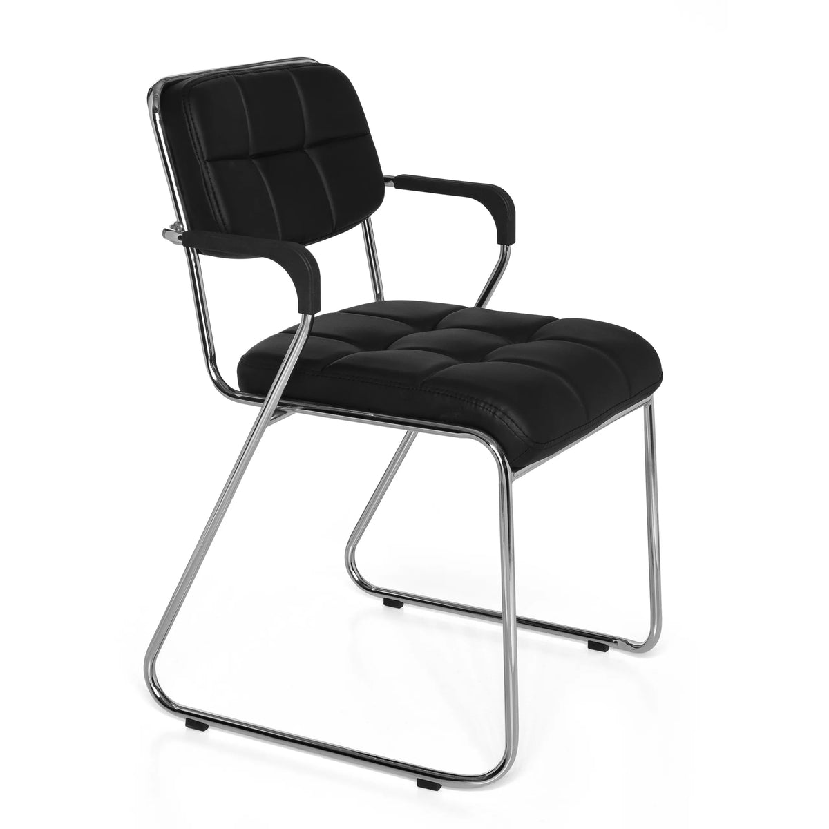 Sedia visitatore nera ZANTA con impunture quadrate e struttura cromata di hjh OFFICE – vista a 360° (vista frontale a tre quarti 60°)