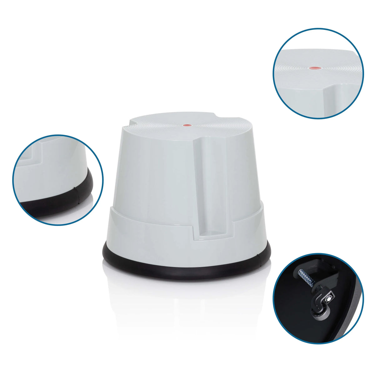 Sgabello TIO-S grigio con anello di base nero antiscivolo e viste dettagliate di hjh OFFICE