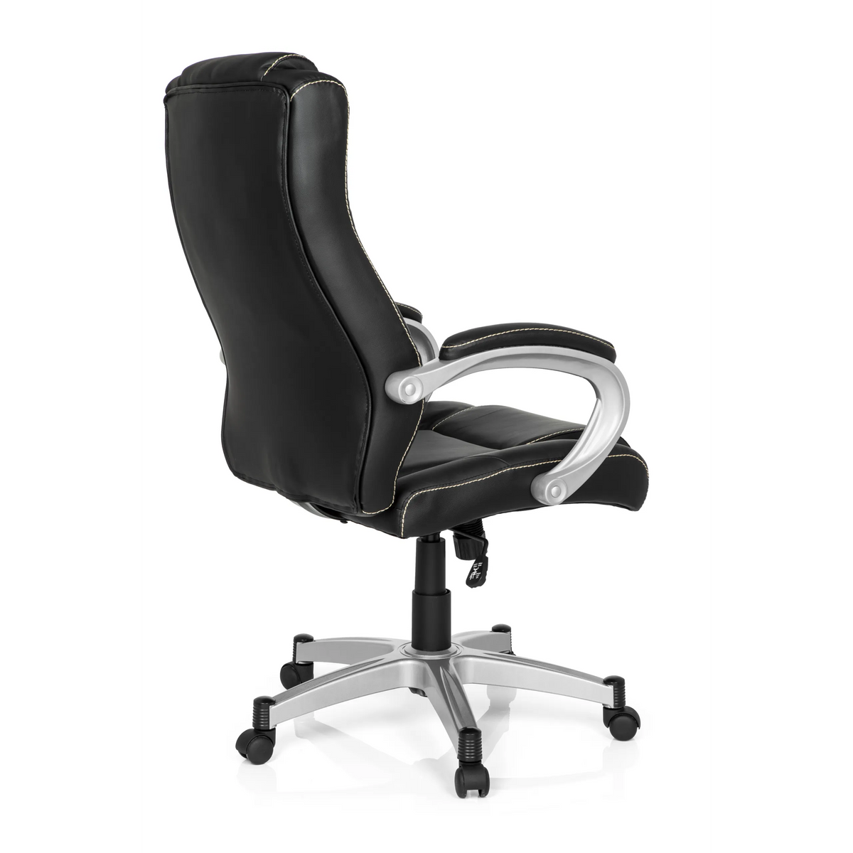 Sedia da gaming RELAX CL180 nera con imbottitura e base a cinque ruote di MyBuero – vista a 360° (vista posteriore a tre quarti 120°)