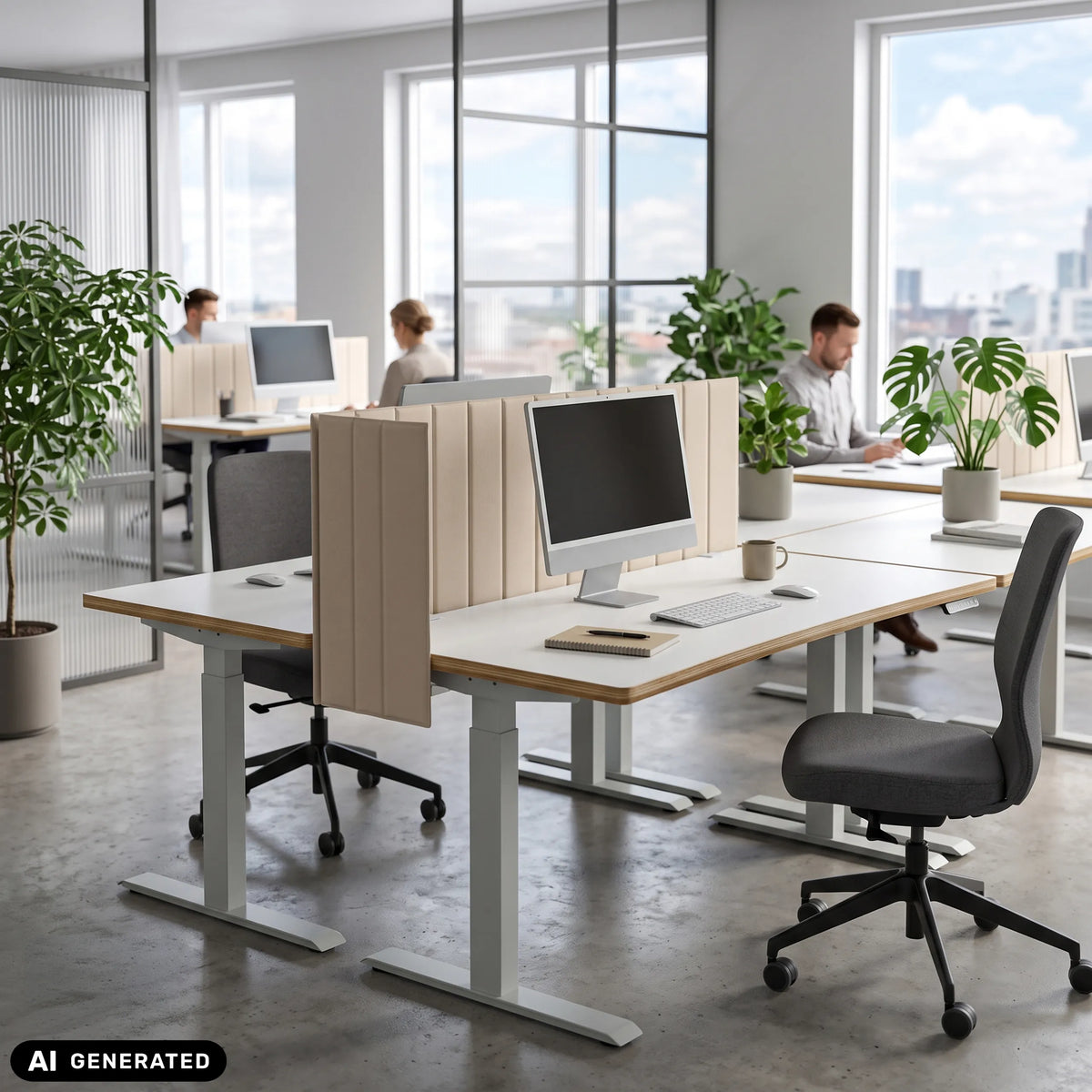 Divisori per scrivania FLEXMIUT ROLL beige con una larghezza di 160 cm su una scrivania bianca di hjh OFFICE