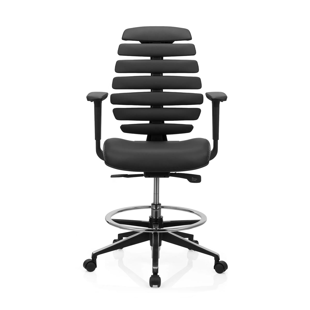 Sedia da banco ERGO LINE II WORK in pelle nera con poggiapiedi e base a cinque ruote di hjh OFFICE – vista a 360° (vista frontale 0°)
