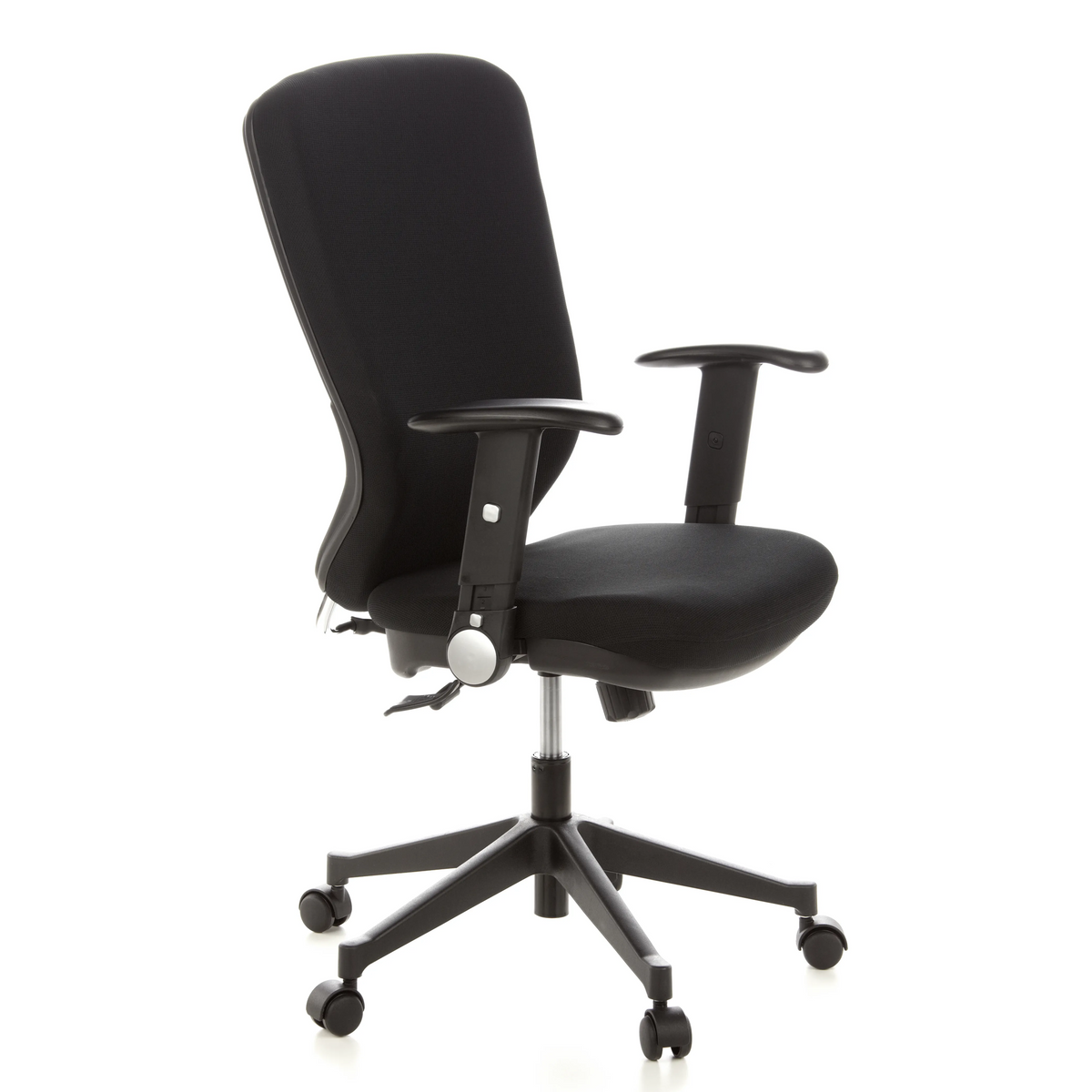 Sedia da ufficio professionale TRAFFIC 30 nera con braccioli e base a cinque ruote di hjh OFFICE – vista a 360° (vista frontale a tre quarti 60°)