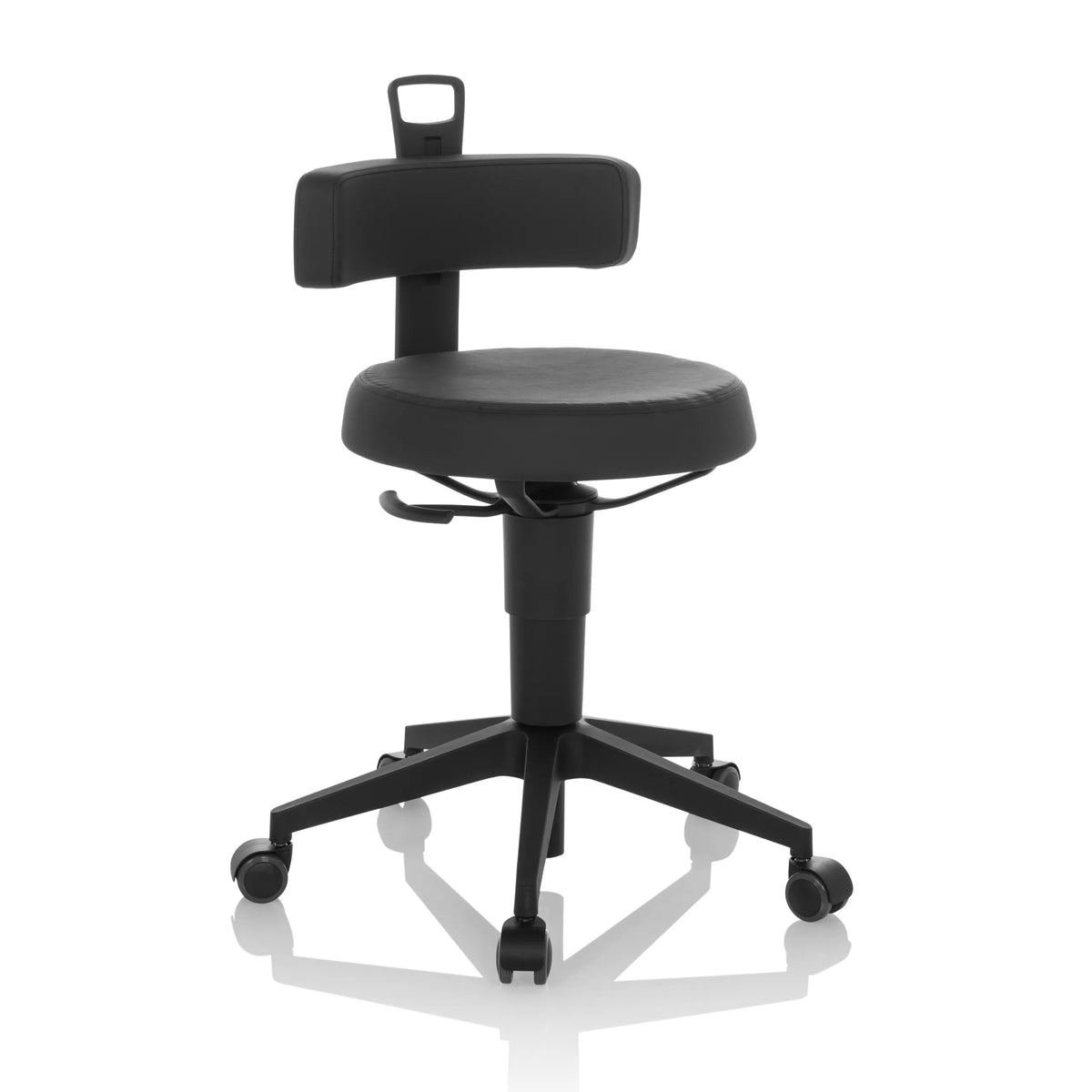 Sgabello girevole TOP WORK FLEX PU nero in ecopelle con schienale e base a cinque ruote di hjh OFFICE – vista a 360° (vista frontale a tre quarti 30°)