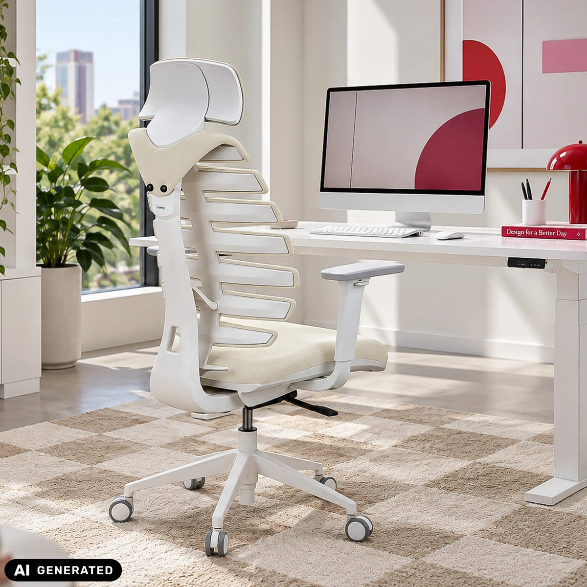Sedia da ufficio professionale ERGO LINE W in Salted Caramel con rivestimento in tessuto e struttura bianca di hjh OFFICE (immagine generata dall’IA)