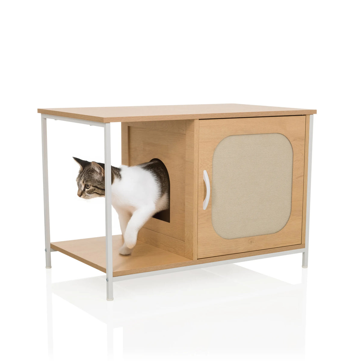 Cuccia per gatto KITTYHOME 1 in faggio e bianco con un ingresso rotondo e una porta con maniglia di hjh LIVING