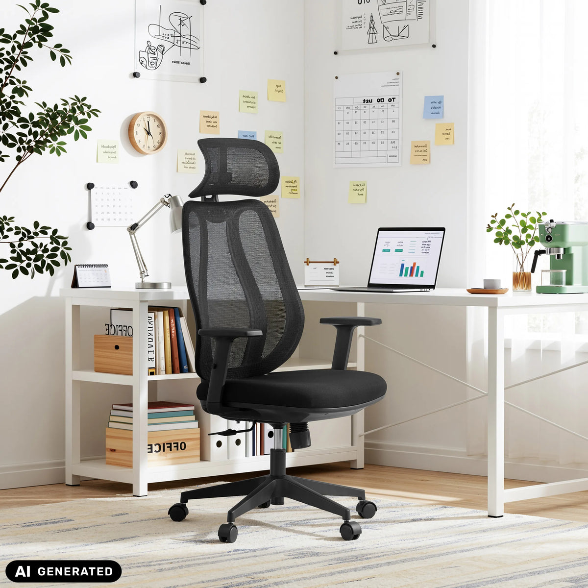 Sedia da ufficio professionale Filaro nera con schienale in rete a una scrivania bianca di hjh OFFICE (immagine generata dall’IA)