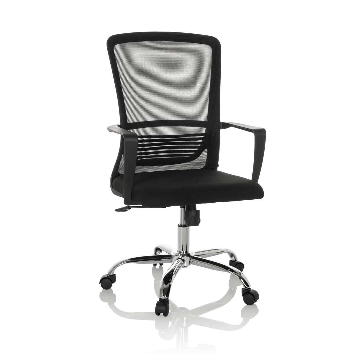 Sedia Home Office STAR-TEC S nera con schienale in rete e base a cinque ruote di hjh OFFICE – vista a 360° (vista frontale 15°)