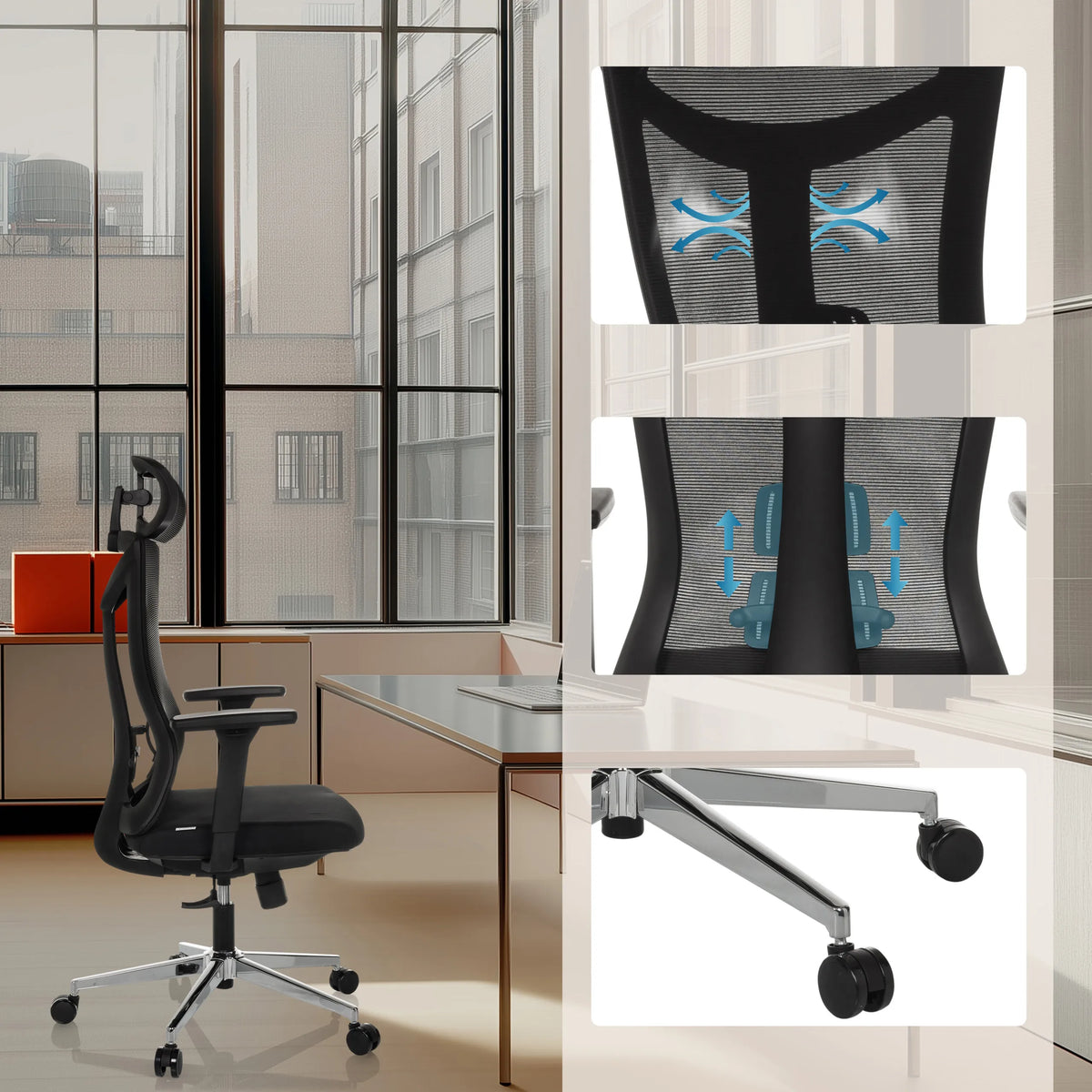 Sedia da ufficio professionale KAMIAK in nero con schienale in rete, supporto lombare e base lucidata con ruote di hjh OFFICE