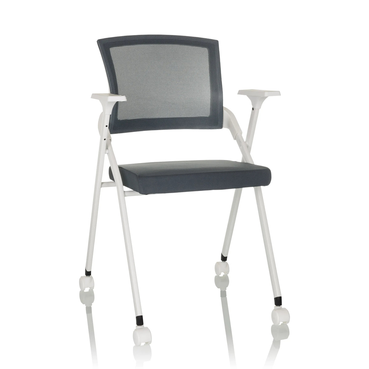 Sedia pieghevole PRIORITY II W grigia con schienale in rete, braccioli e ruote di hjh OFFICE – vista a 360° (vista frontale 15°)
