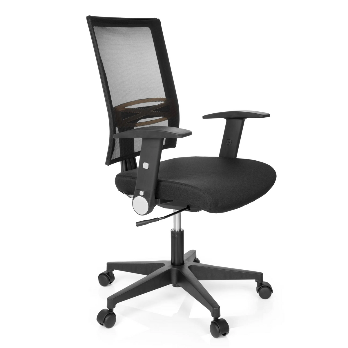 Sedia Home OFFICE R8 nera con schienale in rete e base a cinque ruote di hjh OFFICE – vista a 360° (vista frontale a tre quarti 60°)