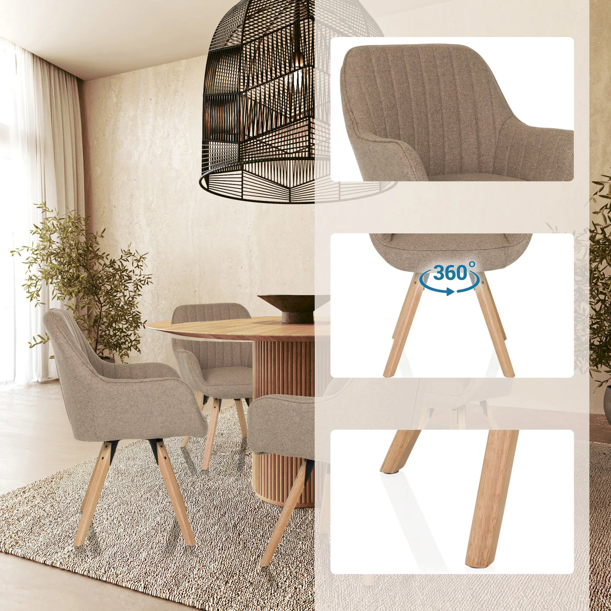 Sedia imbottita beige SCANDI SOFT con funzione girevole a 360 gradi e gambe in legno di hjh LIVING