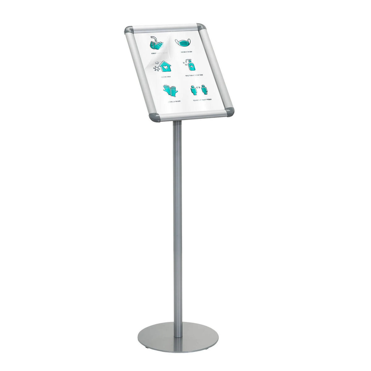 Cavalletto promozionale argentato AGENDA I con base rotonda e cornice per fogli informativi di hjh OFFICE