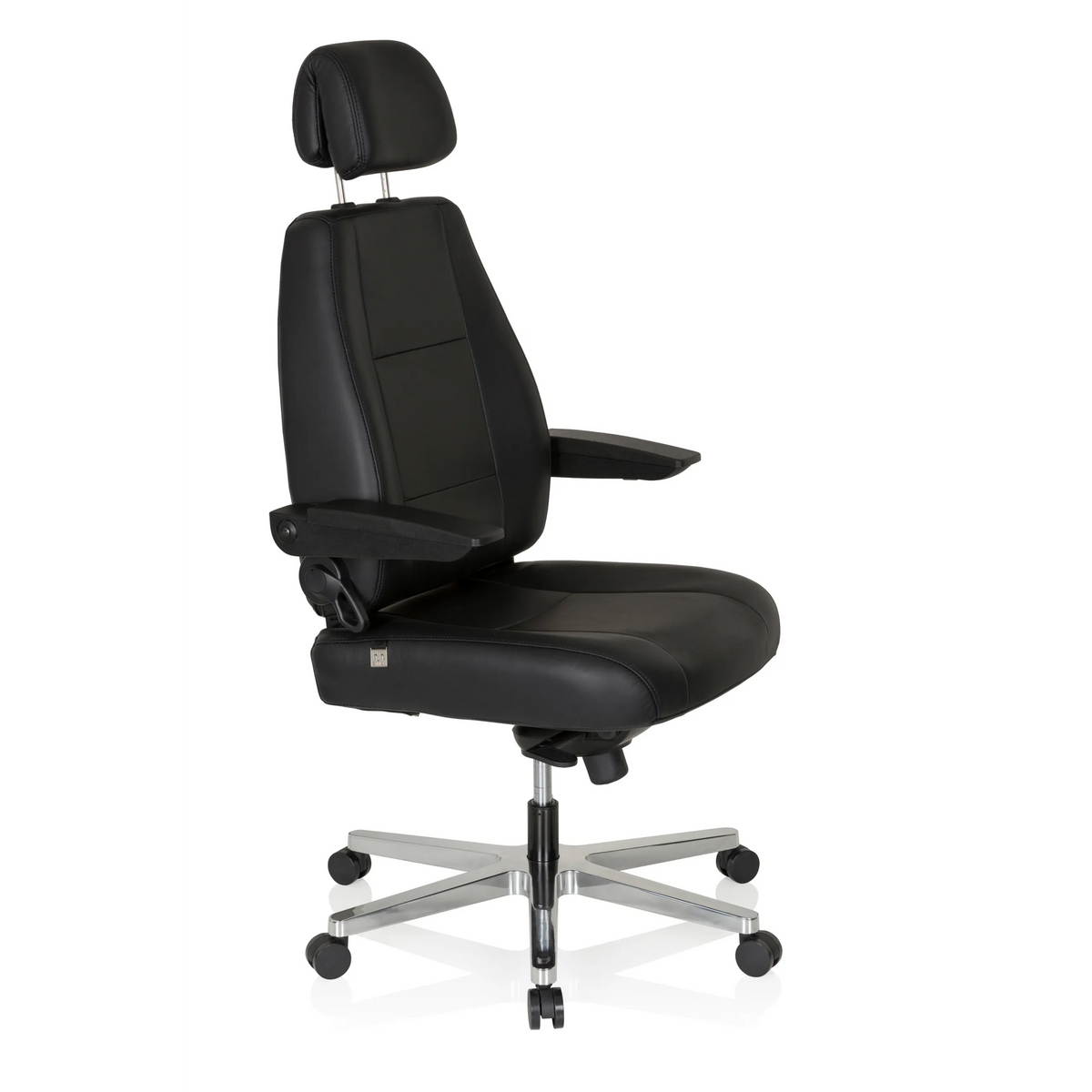 Sedia girevole XXL 24 HOURS nera in pelle con poggiatesta e base a cinque ruote di hjh OFFICE – vista a 360° (vista frontale a tre quarti 60°)