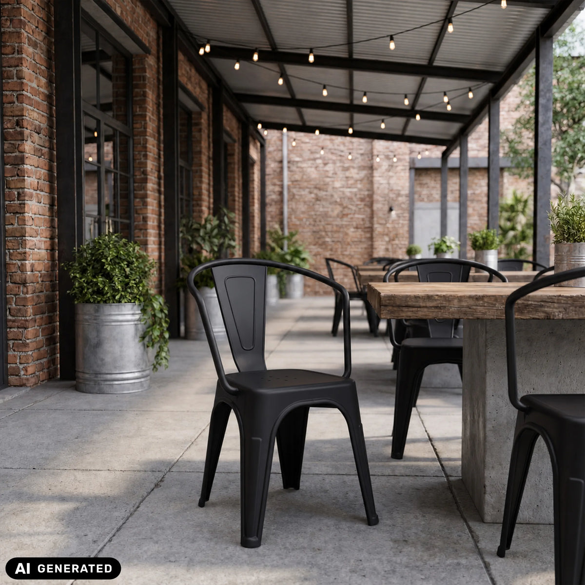 Sedie bistro nere Vantaggio Poly a un tavolo di legno all'aperto di hjh OFFICE (immagine generata dall’IA)