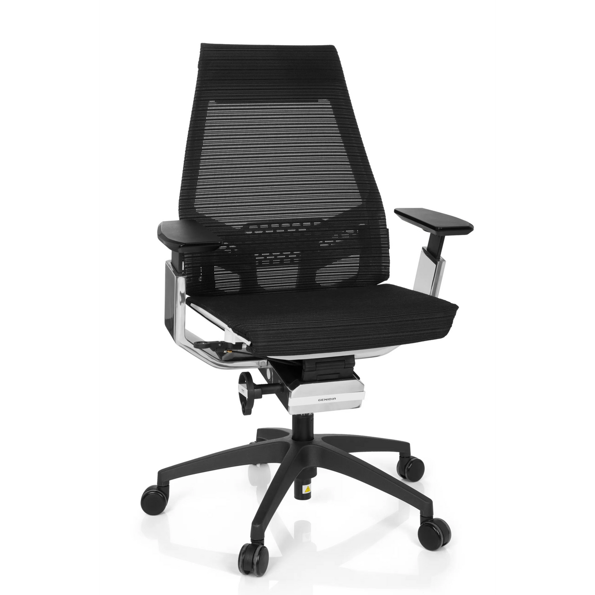 Sedia da ufficio professionale GENIDIA SMART WHITE CM nera con schienale in rete e base a cinque ruote di hjh OFFICE – vista a 360° (vista frontale 20°)