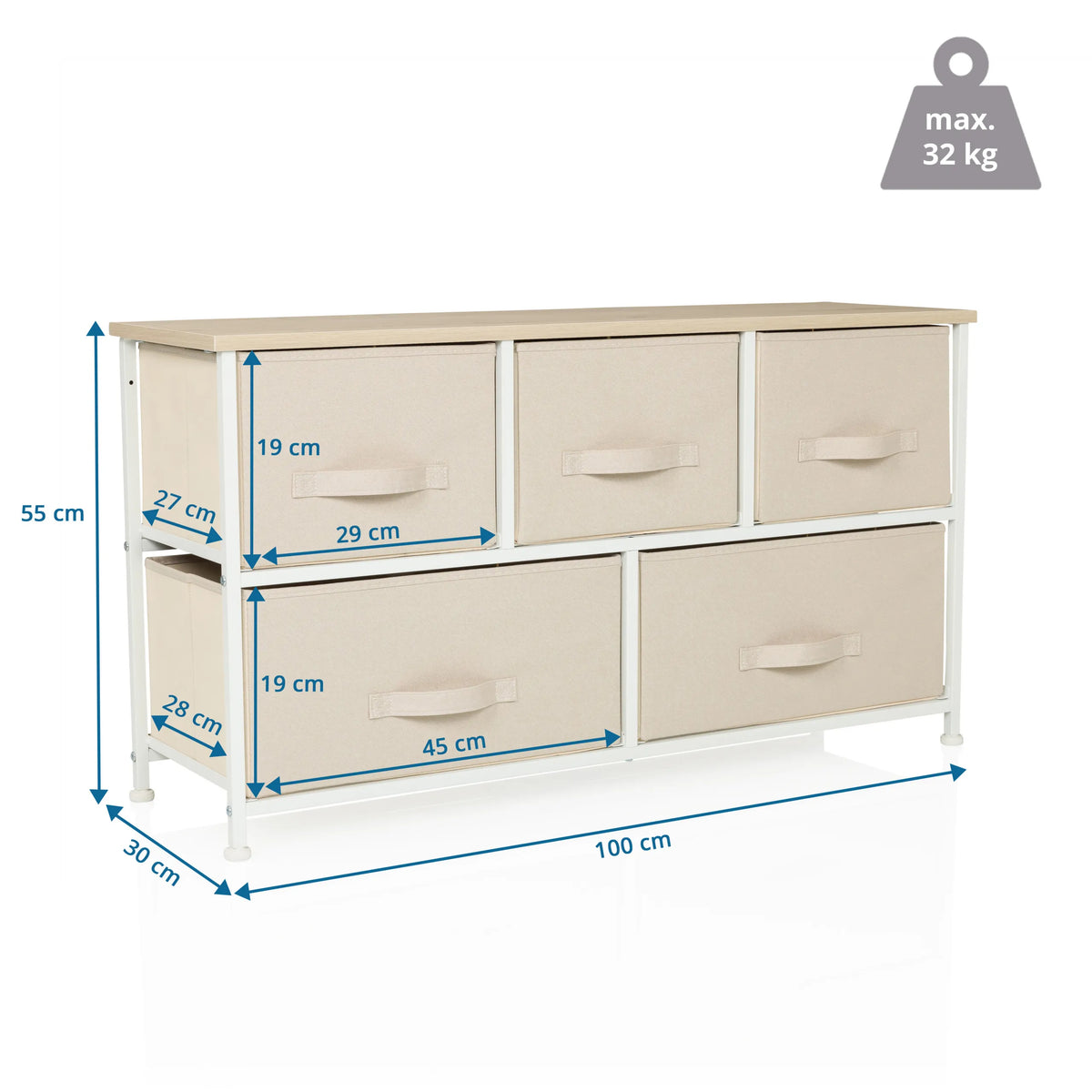 Disegno tecnico della Cassettiera FOLDAR con 100 × 30 cm e un carico massimo di 32 kg di hjh LIVING