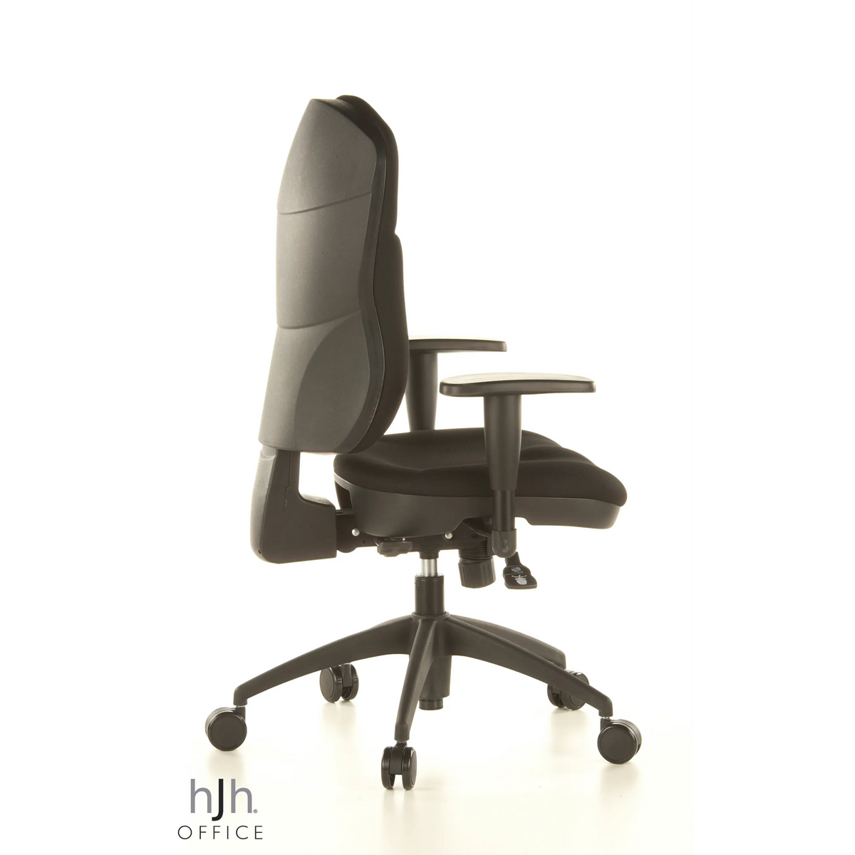 Sedia da ufficio professionale WELLPOINT 30 K2 nera con braccioli e base a cinque ruote di Topstar – vista a 360° (profilo laterale 100°)