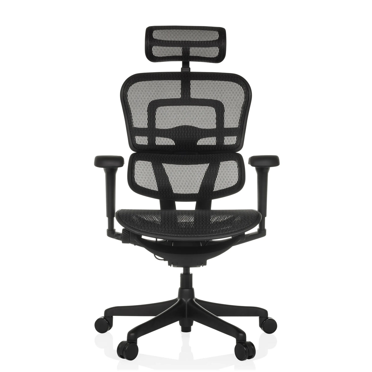 Poltrona di lusso ERGOHUMAN SIGNATURE GEN2 nera con schienale in rete, poggiatesta e base a cinque ruote di hjh OFFICE – vista a 360° (vista frontale 0°)