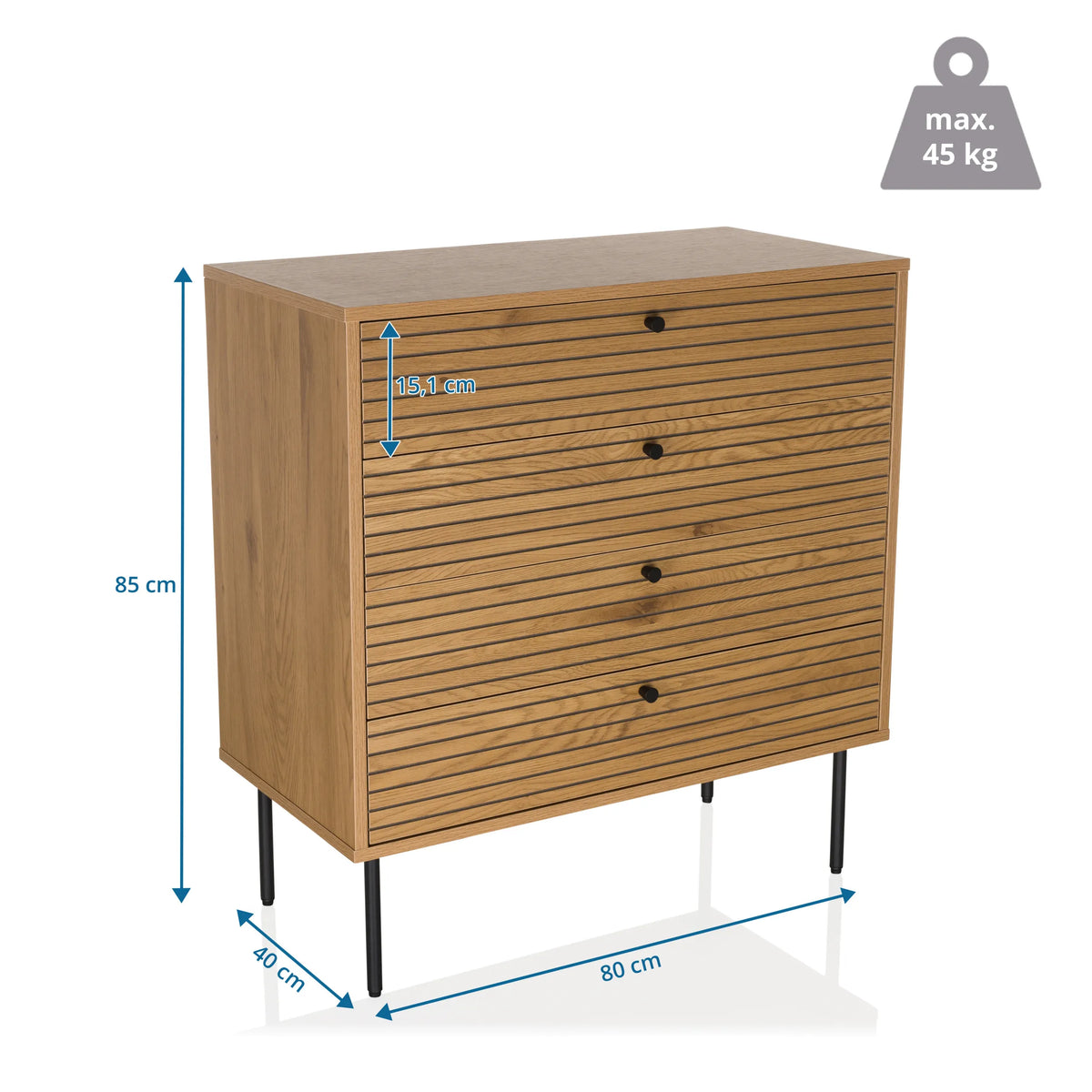 Disegno tecnico della Cassettiera LINNO K con dimensioni 80 x 40 cm e un'altezza di 85 cm di hjh LIVING