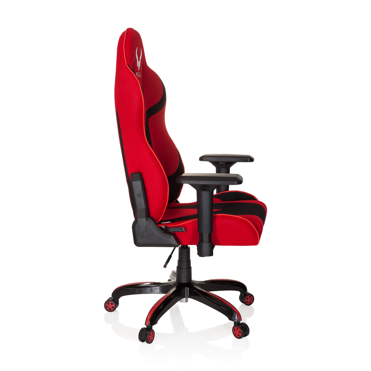 Sedia da gaming PROMOTER II rossa e nera con braccioli e base a cinque ruote di hjh OFFICE – vista a 360° (profilo laterale 80°)