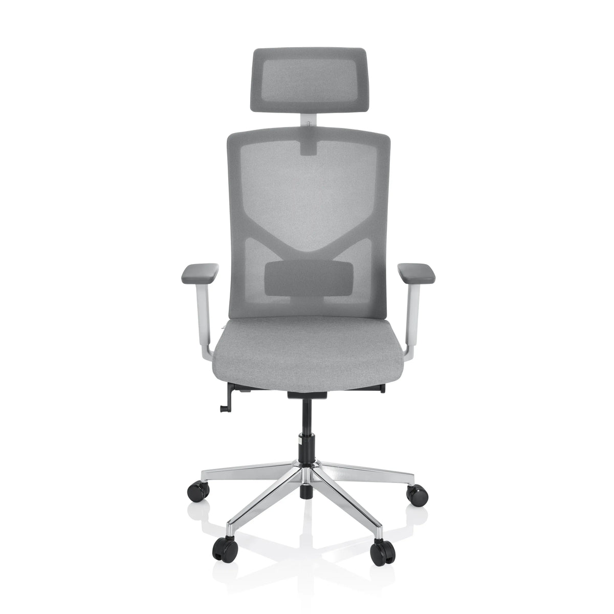 Sedia da ufficio professionale BRETON PRO W grigia con schienale in rete, poggiatesta e base a cinque ruote di hjh OFFICE – vista a 360° (vista frontale 0°)