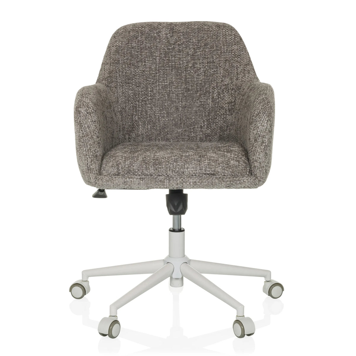Sedia Home Office SOLAO HOME grigia con rivestimento in tessuto e base bianca a cinque ruote di hjh LIVING – vista a 360° (vista frontale 0°)