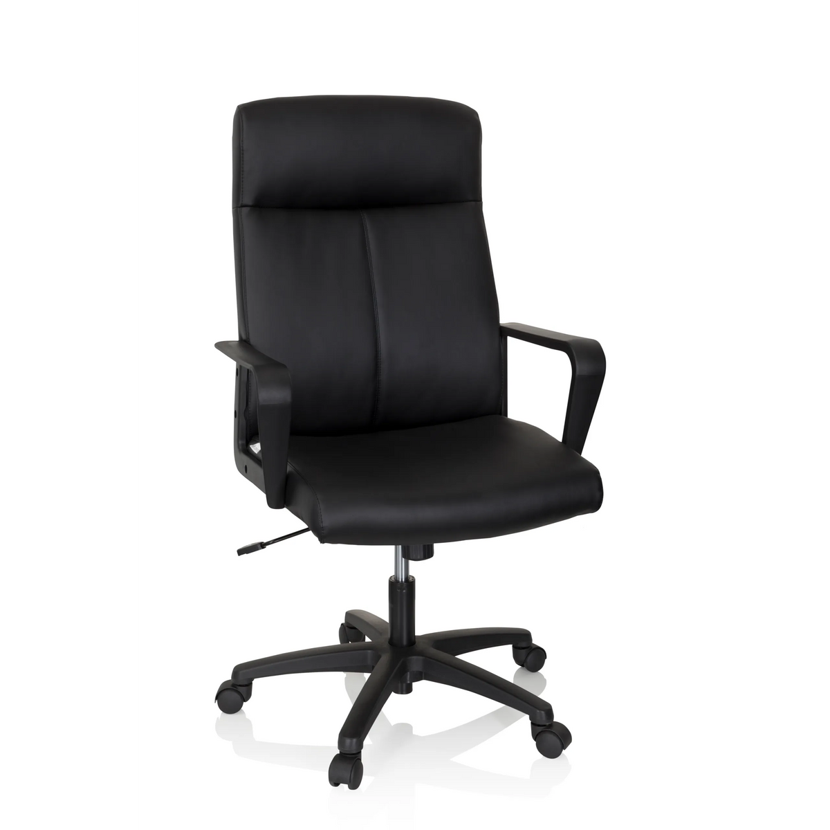 Poltrona professionale LISSO nera con braccioli e base a cinque ruote di hjh OFFICE – vista a 360° (vista frontale 20°)