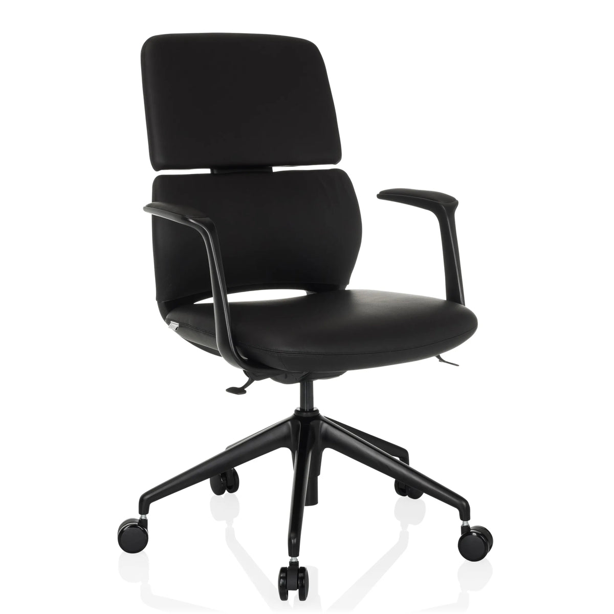 Schwarzer Profi-Bürostuhl ATMOS DESIGNER mit Armlehnen und Fußkreuz mit fünf Rollen von hjh OFFICE – 360-Grad-Ansicht (schräge Frontansicht 30°)