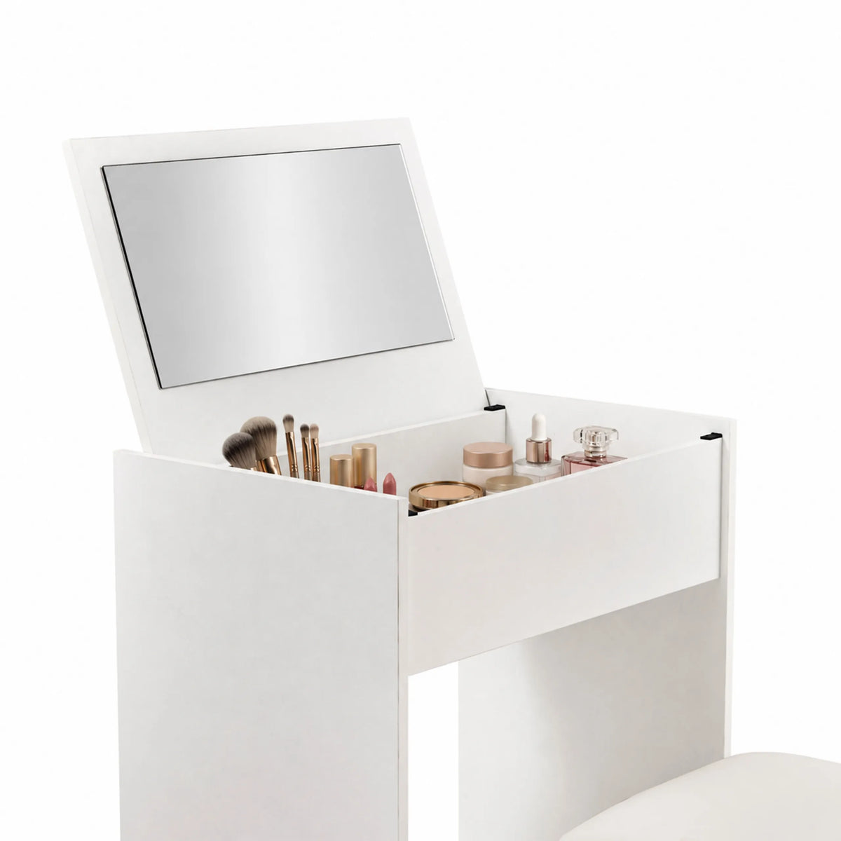 Geöffneter Schminktisch Glamdesk in Weiß mit integriertem Spiegel und Makeup-Aufbewahrung von hjh LIVING