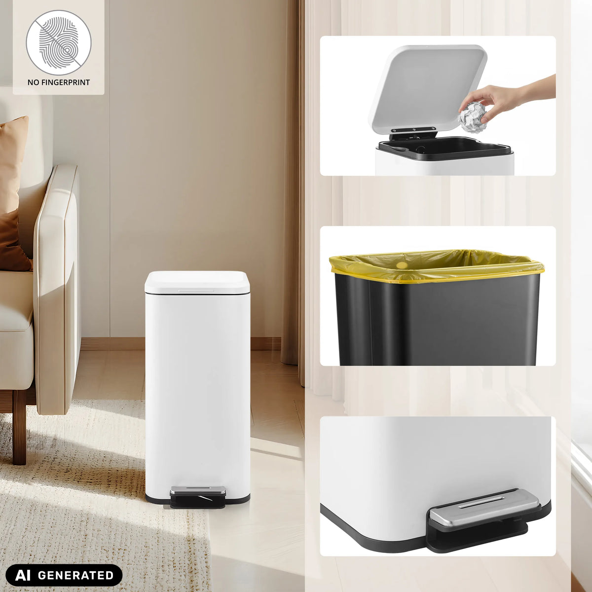 Cestino bianco Clean Square con pedale e secchiello interno di hjh OFFICE (immagine generata dall’IA)