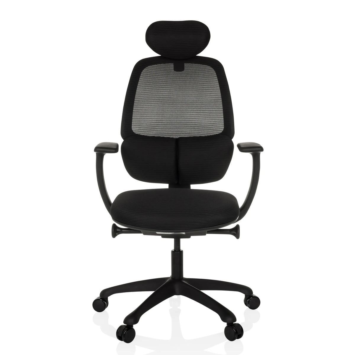 Sedia da ufficio professionale RI-COVER nera con schienale in rete, poggiatesta e base a cinque ruote di hjh OFFICE – vista a 360° (vista frontale 0°)