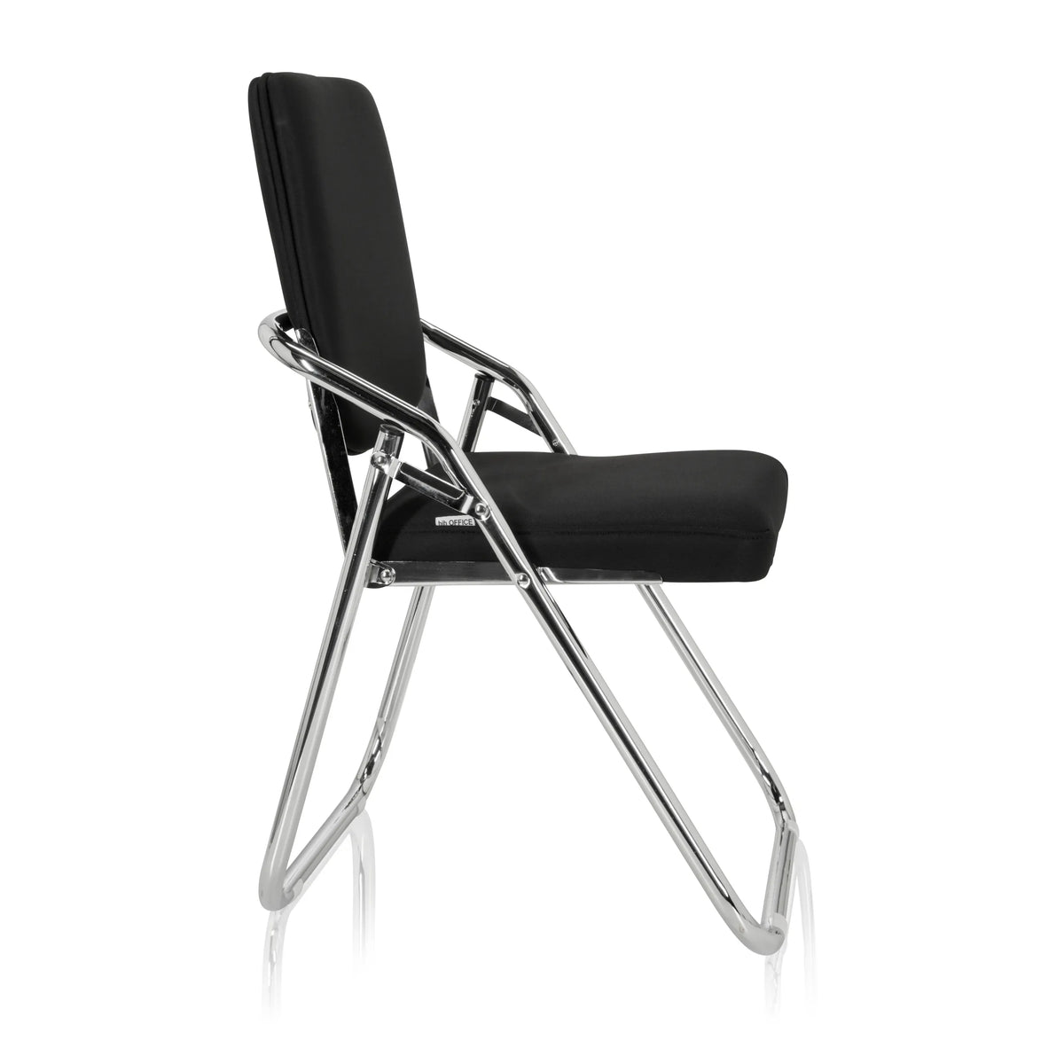 Sedia pieghevole ESTO nera con rivestimento in tessuto e struttura cromata di hjh OFFICE – vista a 360° (profilo laterale 80°)