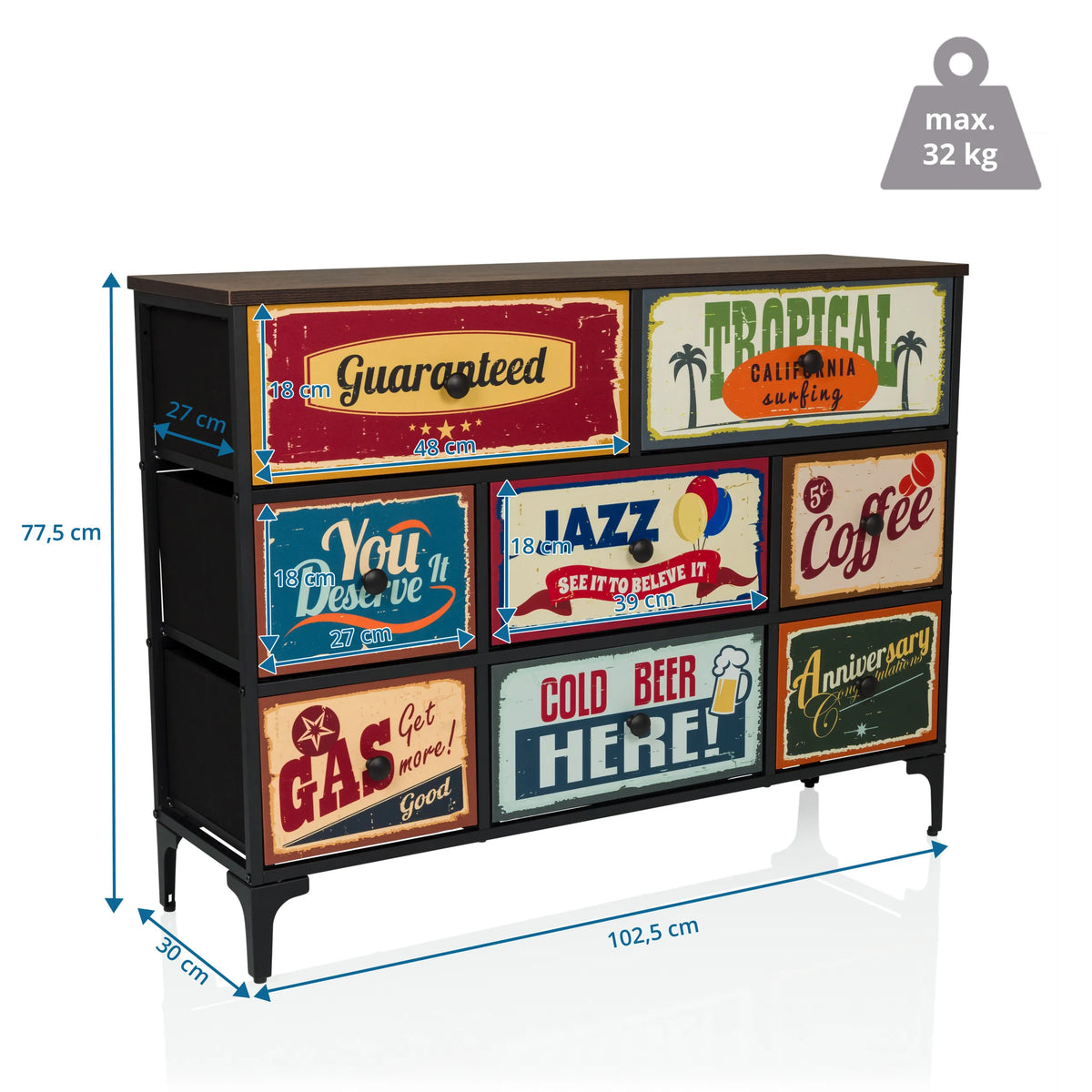 Vista dimensionale della Cassettiera AMERIKO B con 102,5 × 77,5 cm e sei cassetti a motivo di hjh LIVING
