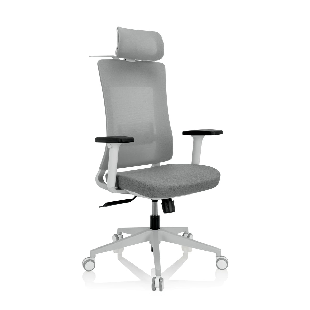 Sedia da ufficio professionale COMFIO WMH grigia con schienale in rete, poggiatesta e base a cinque ruote di hjh OFFICE – vista a 360° (vista frontale a tre quarti 40°)