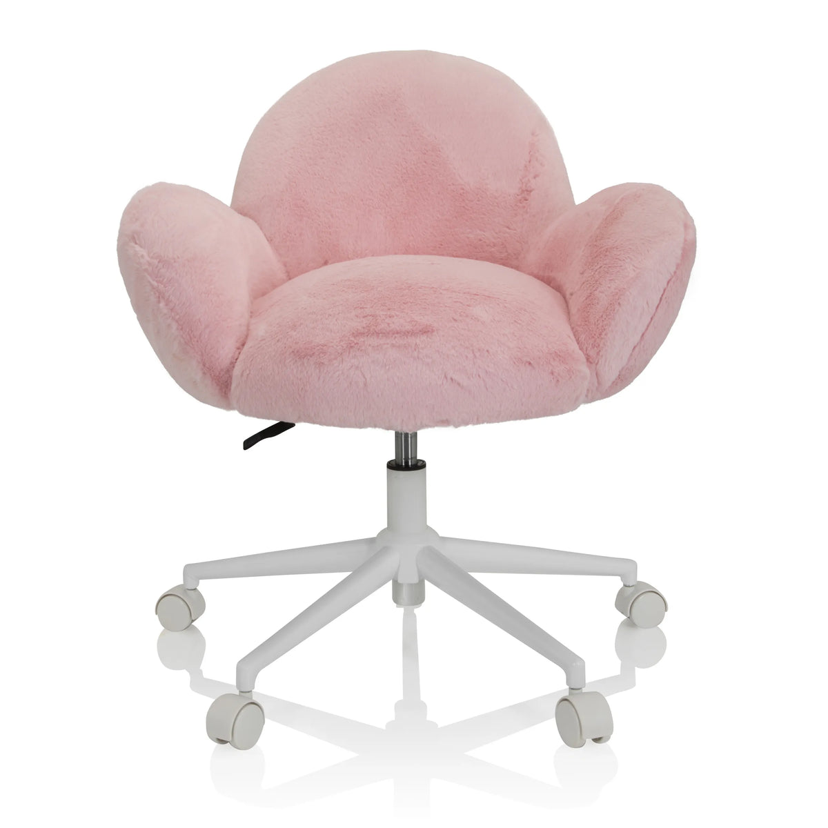 Sedia girevole per bambini KID TEDDY rosa con rivestimento soffice e base bianca a cinque ruote di hjh OFFICE – vista a 360° (vista frontale 0°)