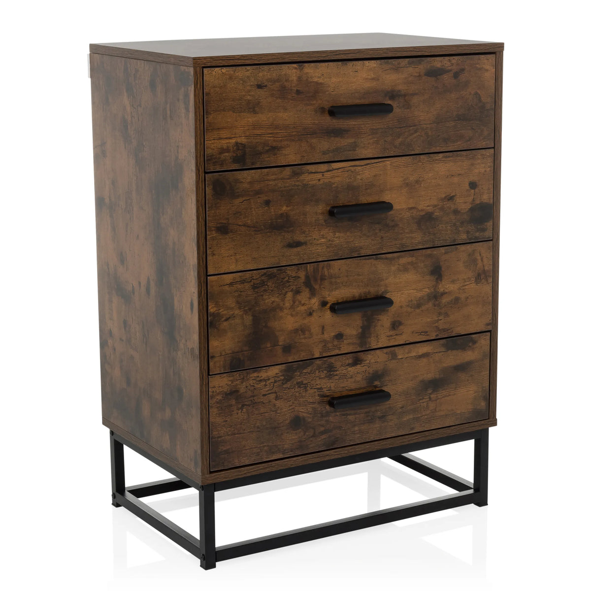 Cassettiera marrone VINSTRA con quattro cassetti e struttura in metallo nero di hjh LIVING – vista a 360° (vista frontale 15°)