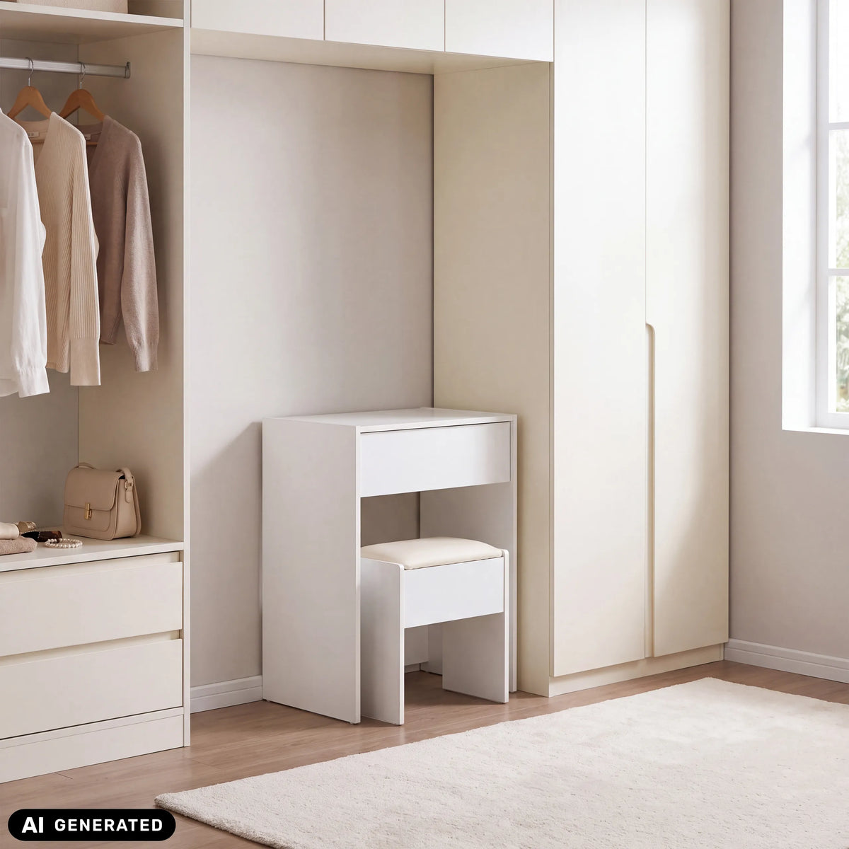 Tavolo da trucco Glamdesk bianco con sgabello in una nicchia dell'armadio di hjh LIVING (immagine generata dall’IA)