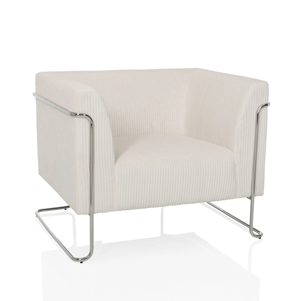 Poltrona Lounge Curacao Cord bianca con rivestimento a coste e struttura cromata di hjh LIVING – vista a 360° (vista frontale 15°)