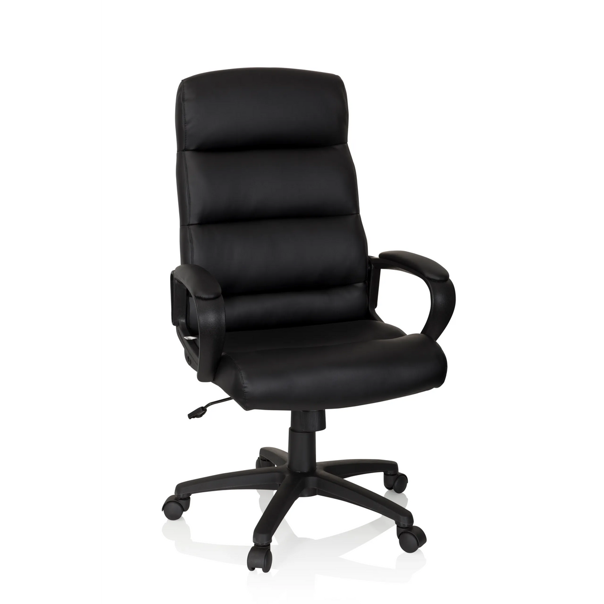 Poltrona professionale FUTURA 100 nera con imbottitura trapuntata e base a cinque ruote di hjh OFFICE – vista a 360° (vista frontale 20°)