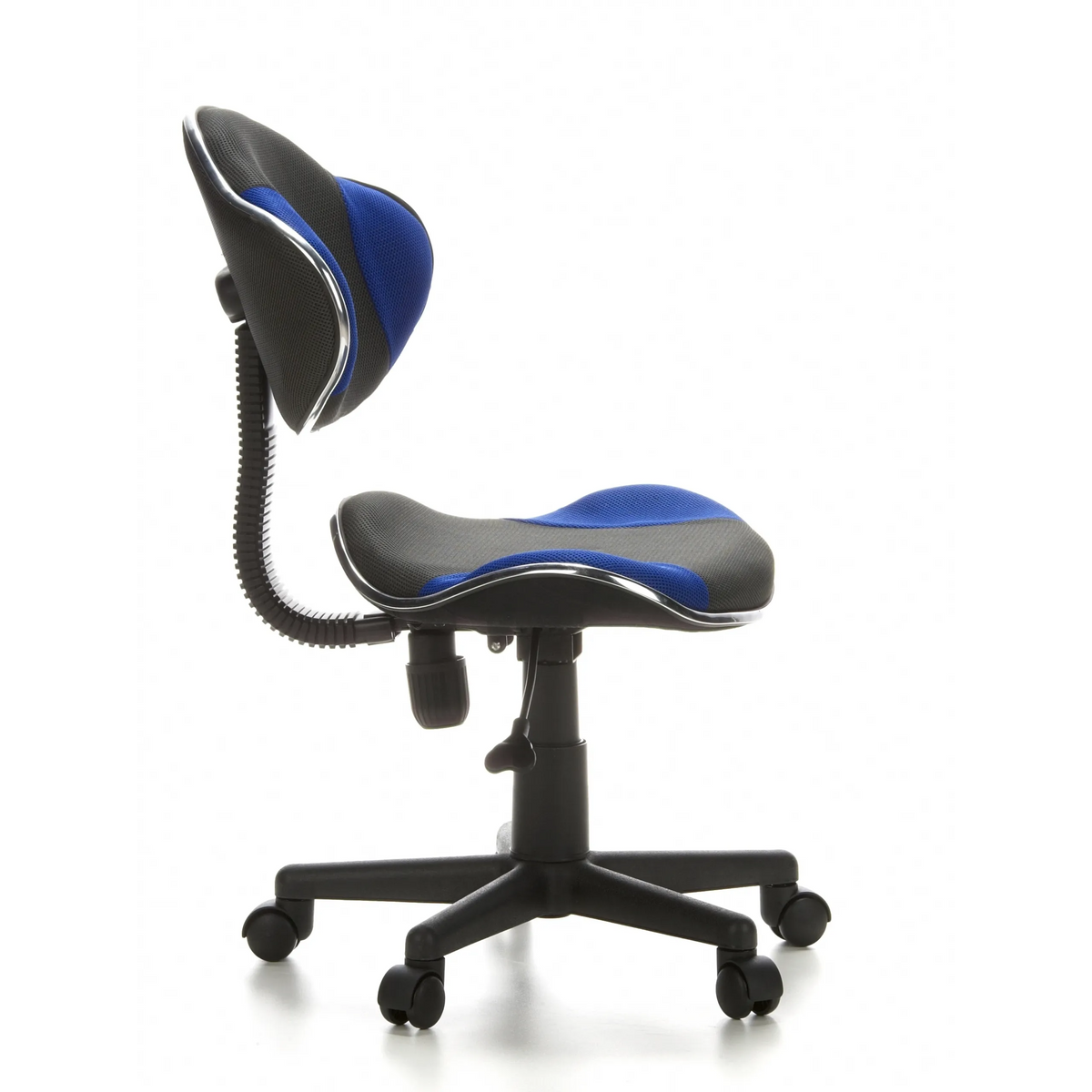 Sedia girevole per bambini KIDDY GTI-2 grigio-blu con schienale in rete e base a cinque ruote di hjh OFFICE – vista a 360° (profilo laterale 80°)