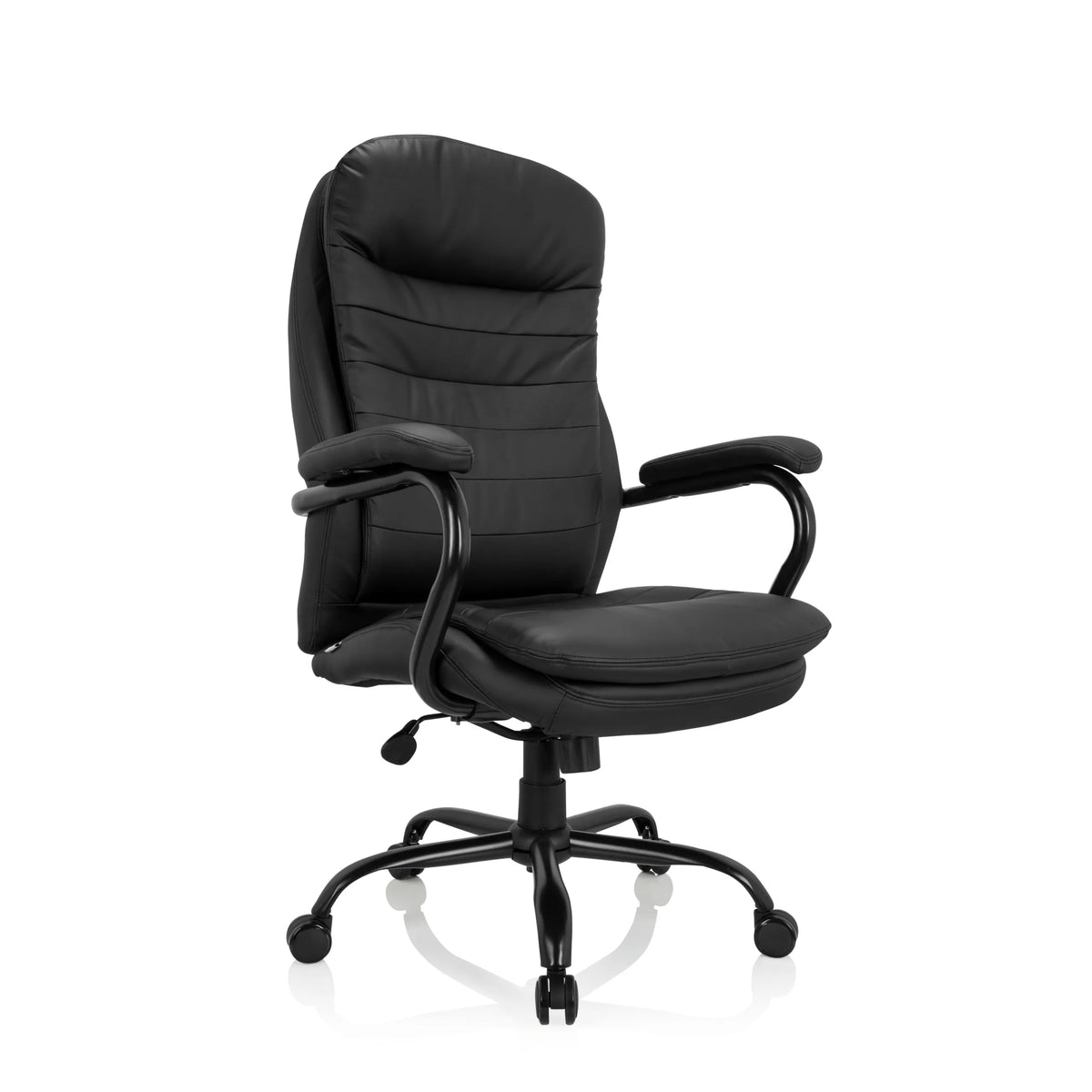 Sedia girevole RELAX XXL B nera in ecopelle con base a stella e cinque rotelle di hjh OFFICE – vista a 360° (vista frontale a tre quarti 40°)