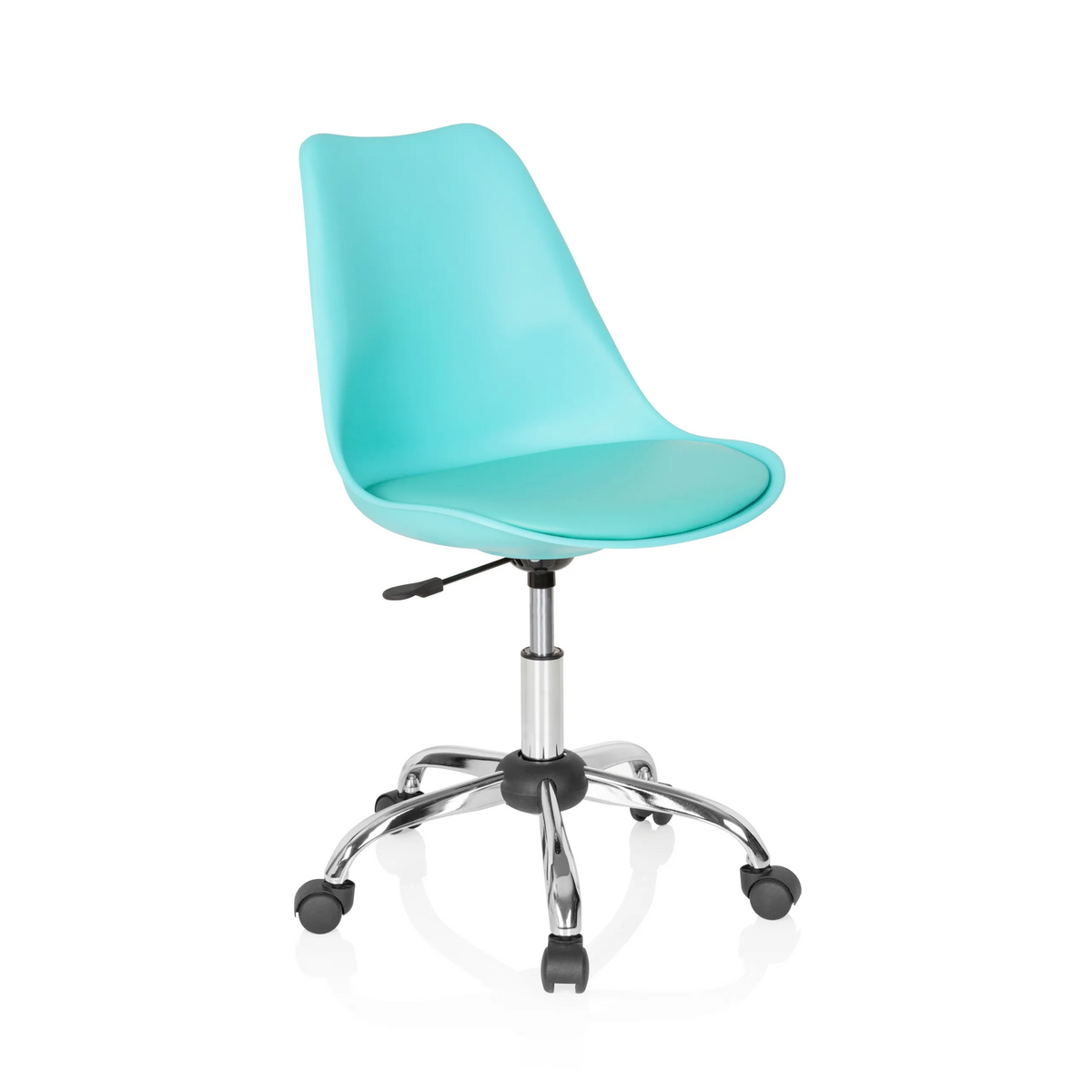 Sedia Home Office FANCY PRO color turchese con seduta a guscio e base a cinque ruote di hjh OFFICE – vista a 360° (vista frontale a tre quarti 40°)