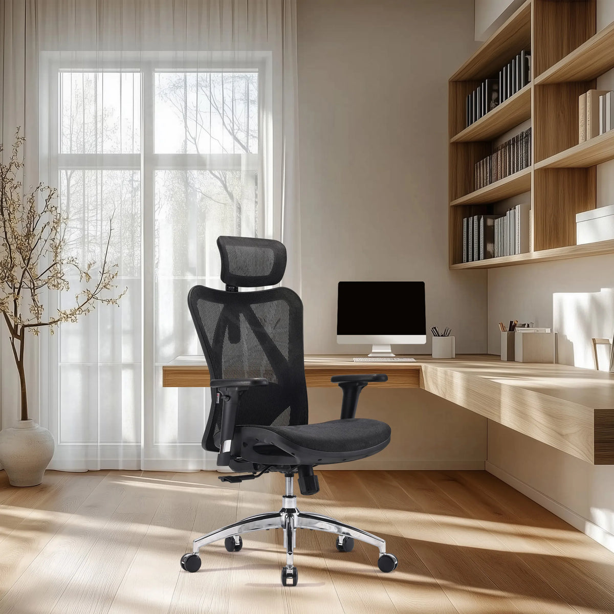 Sedia da ufficio professionale M57-M015 nera con schienale in rete e poggiatesta di Sihoo