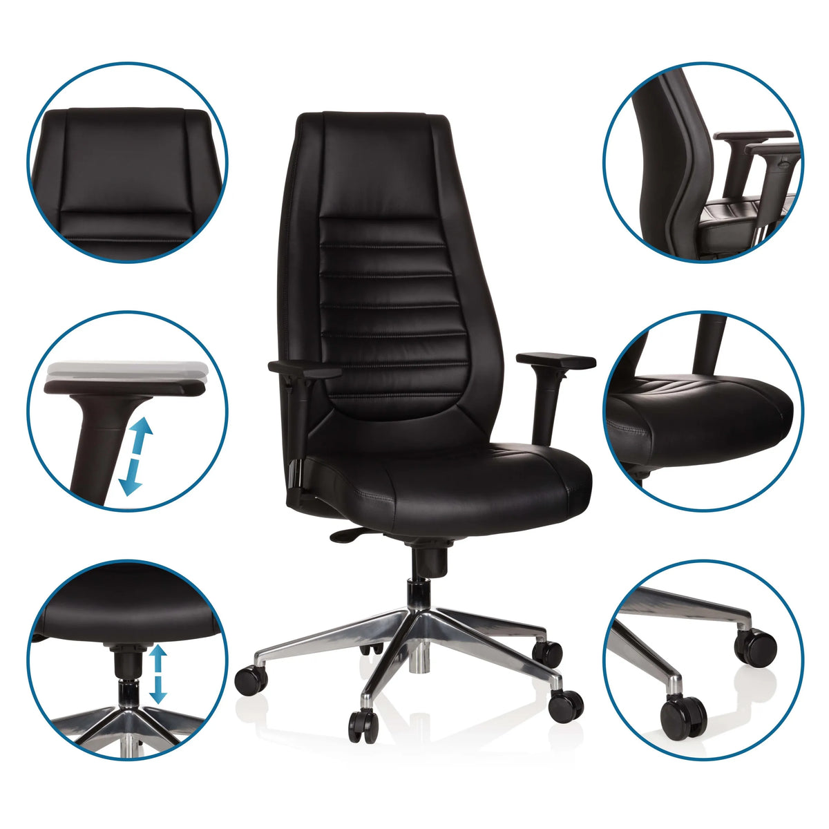 Poltrona professionale VITORO in nero con viste dettagliate di braccioli, altezza del sedile e rotelle di hjh OFFICE
